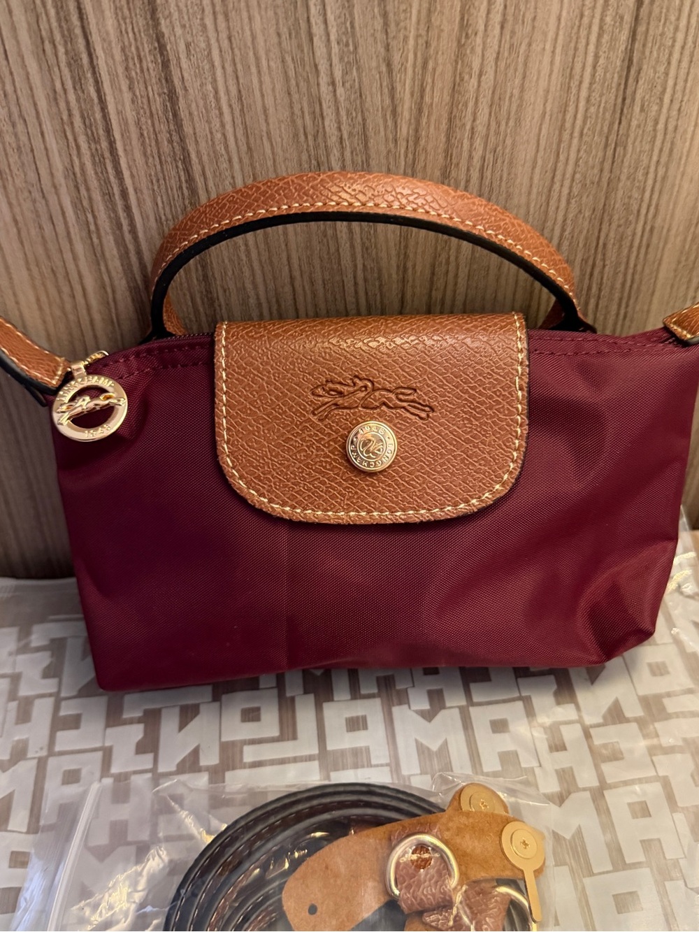 Longchamp Top-Handle Mini Bag in Burgundy with Tan Trim
